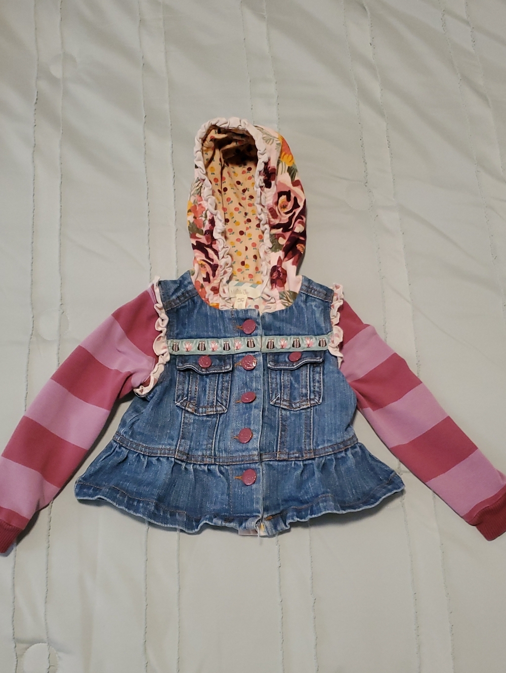 2t Matilda Jane Denim Jacket w Pink Striped Sleeves & Floral Hood